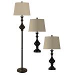 QB-Set of Three Madison Bronze Finish Metal Lamps With Beige Linen Drum Shades